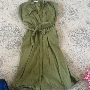 Olive Green Sleeveless Maxi Shirt Dress with Tie Belt